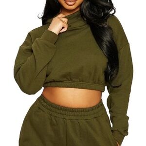 NAKED WARDROBE Cropped Hoodie Womens Sz M Olive Green Pullover Sweatshirt NWOT